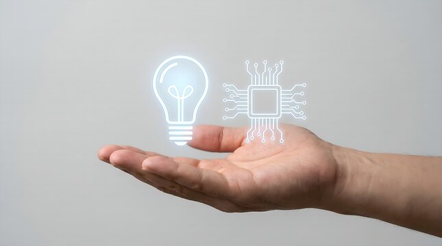 Human hand presenting glowing digital light bulb and microchip icons symbolizing new ideas and advanced technological innovation, representing concepts like artificial intelligence or future developme