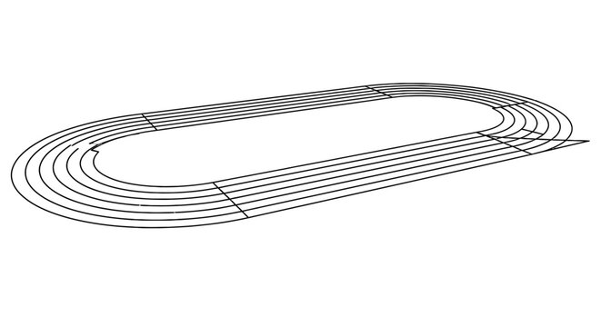Line drawing of a running track viewed from above with curves and lanes