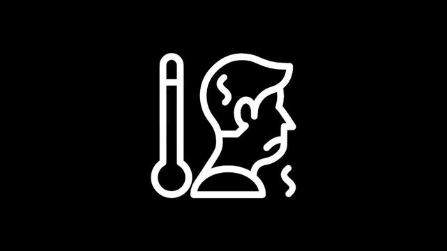 Feverish person icon with thermometer indicating high temperature and sweat