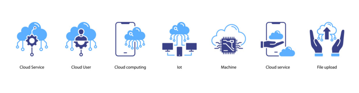 Cloud Solutions web banner icon vector illustration featuring Cloud Service, Cloud User, Cloud Computing, IoT, Machine, Cloud Service, and File Upload.