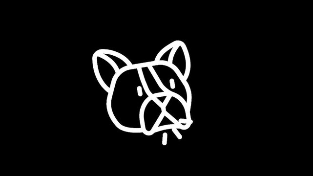 Simple white line drawing of a dog's face with stripes on its head against a black background