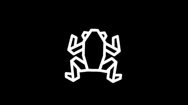 Geometric white frog icon on a black background, minimalist design, modern art style