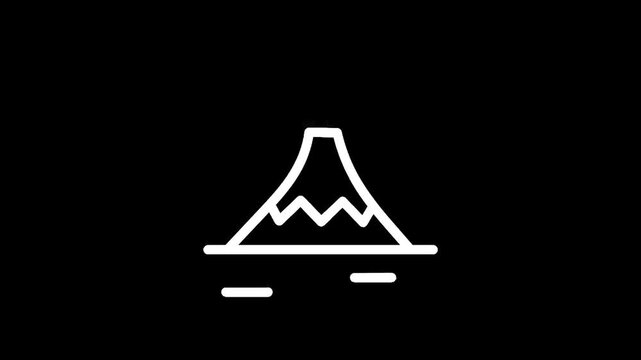 Minimalist white line art of Mount Fuji with sun behind it on black background