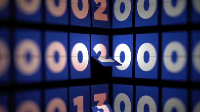 Dynamic motion graphic of a blue analog counter display scrolling through numbers for financial data or time concepts.
