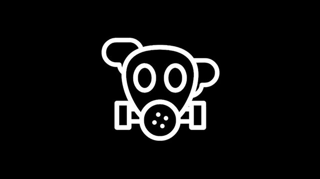 Minimalist white gas mask icon on a black background, representing protection and safety