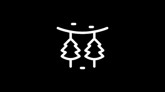 Simple line art icon of two pine trees hanging from a string on a black background