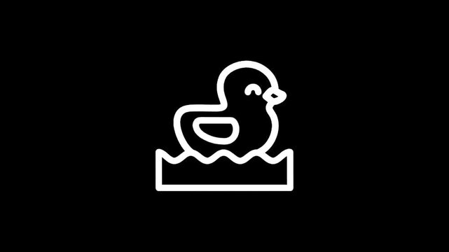 Simple white line drawing of a happy rubber duck floating on water waves
