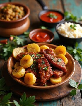 Haitian griot meat with fried plantains served on wooden plate. Side dishes include rice and tomato sauce. Garnished with fresh parsley herbs.