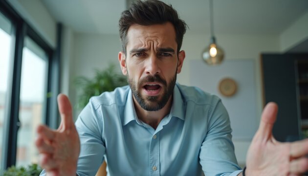 Man frustrated with work video call. Businessman arguing online, stressed about project failure. Young man looks angry, gestures hands at computer screen. Discussing business problems at home office.