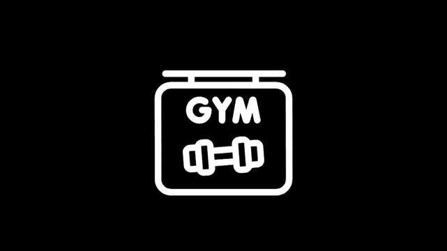Simple white line art icon of a gym sign with a dumbbell symbol on a black background