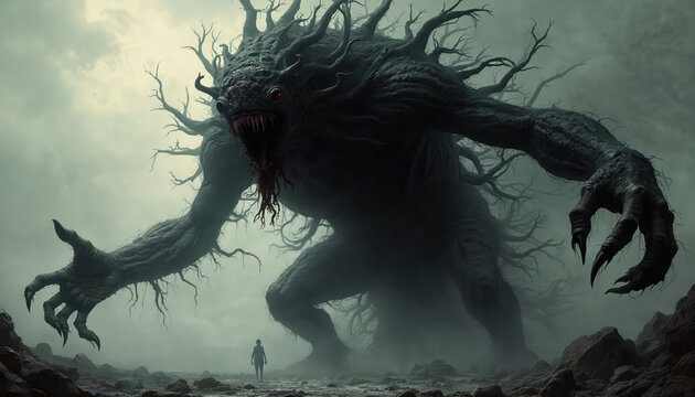 Huge dark monster with sharp claws and red eyes looms over small person on rocky ground. Tree like branches extend from creature body. Atmosphere is foggy and ominous, sense of dread and danger.