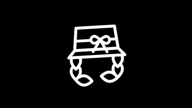 Simple line art icon of a bucket hat with braids and a bow on a black background