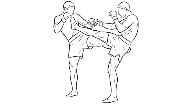 Muay thai fighters engaged in a dynamic kickboxing sparring sequence outlined in black