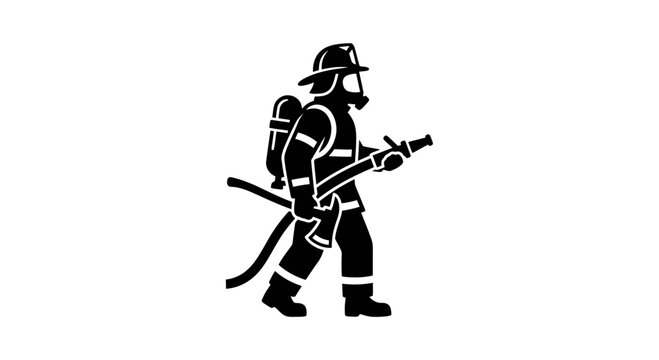 Minimalist black silhouette of a brave firefighter wearing protective gear while carrying an axe and fire hose on a white background, ideal for fire safety campaigns, branding and logos