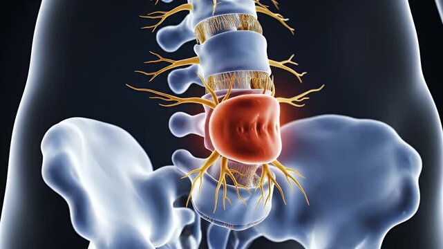 Abstract CGI Representation of Lumbar Spine with Herniated Disc Impinging Nerves Causing Sciatic Pain Educational Animation for Medical Presentations and Healthcare Awareness Campaigns