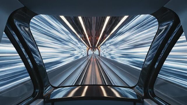 Futuristic hyperloop train speeding through an illuminated tunnel POV