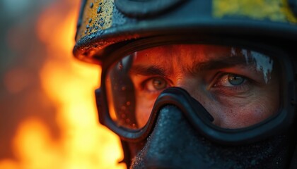 Fototapeta premium Firefighter intense gaze through protective goggles. Man faces raging inferno, showing determination and bravery. Safety gear protects against heat and smoke during rescue.