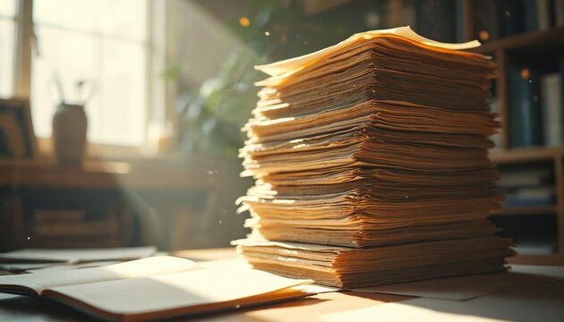 Stack of old paper documents on desk bathed in sunlight. Open book nearby with scattered pages on tabletop. Bookshelf in background suggests study or office.