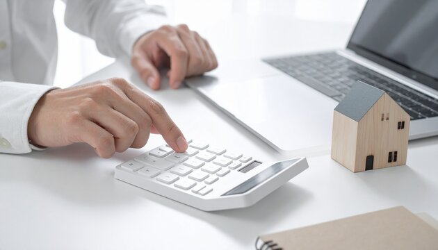Close-up of hands using a calculator with a small house model and laptop on a desk, representing real estate finance and investment.