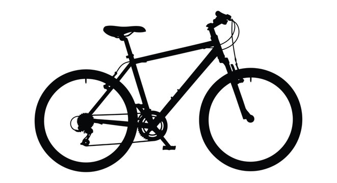 Silhouette of a mountain bike against a stark white background side profile view
