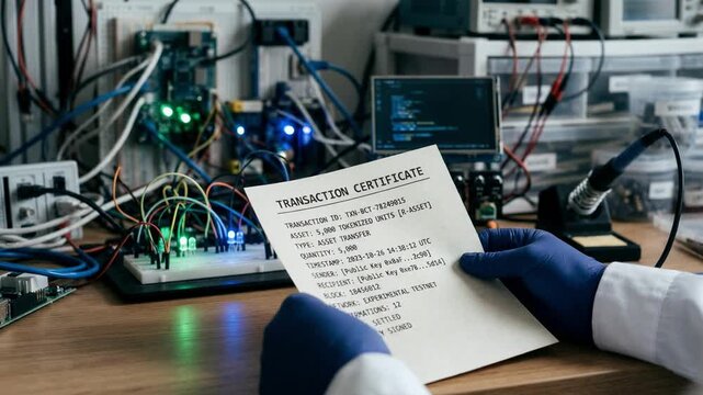 Focused medium shot of a blockchain trade confirmation with an outoffocus sandbox environment illustrating secure asset tokenization and settlement in an experimental setting.