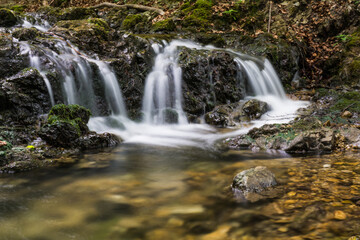 Obraz premium Scenic waterfall in lush green forest with rocky riverbed in summer morning in Bavaria Germany 