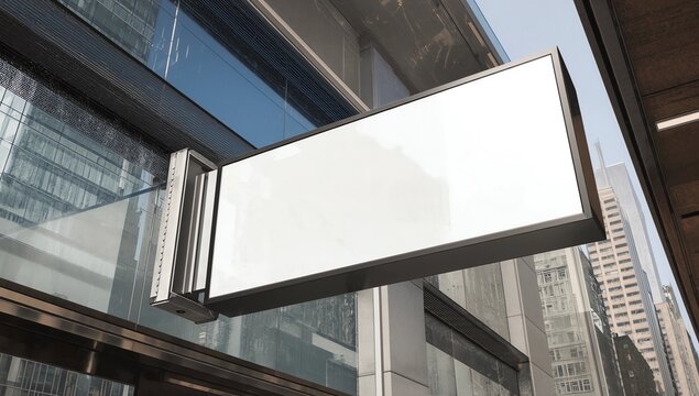 White rectangular sign with blank space for your logo on the wall of a modern business center, mockup