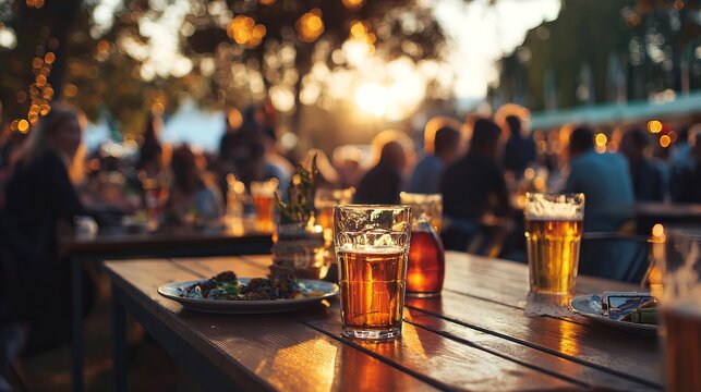A wooden table with glasses of beer and a plate of food in an outdoor setting at sunset