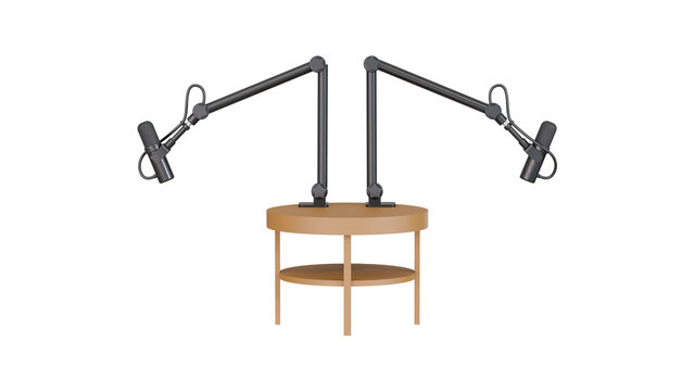 Studio microphone setup, two black mics on boom arms mounted on a round wooden table, centered front view, isolated on transparent background, for podcasting and broadcasting mockups.