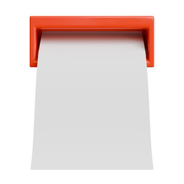 Printer output hardware, white paper sheet from red dispenser box, centered view, isolated on transparent background, for retail or financial mockups.