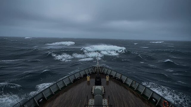 ship bow view in stormy sea with high waves and gray sky