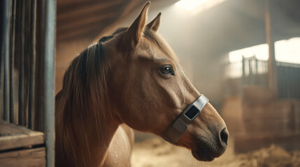 Obraz premium Close-up view of a robot inspecting a horse in a stable during daylight hours in the stable, sensor on the horse's muzzle