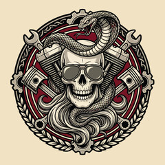 Fototapeta premium Vintage skull with snake and mechanical elements illustration