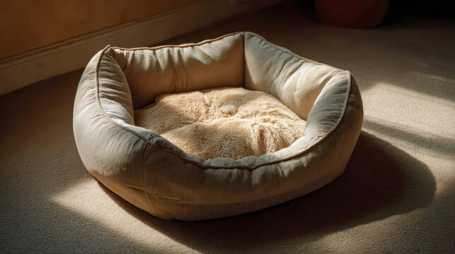 Empty dented pet bed sits on the floor in a room with soft light streaming in during the afternoon hours