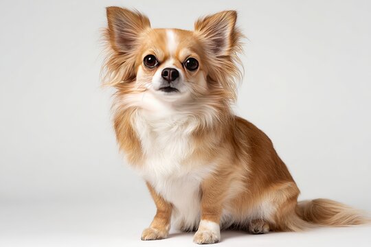 cute, long-haired chihuahua sitting on a white background, photorealistic, shot with a sony a7 mark iii, professional photography lighting, 85mm f/1.4 lens.