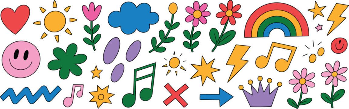 Playful colorful doodle collection featuring hearts suns clouds flowers rainbow stars musical notes lightning bolts crowns arrows and geometric shapes