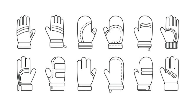 Collection of various winter gloves and mittens in outline style.