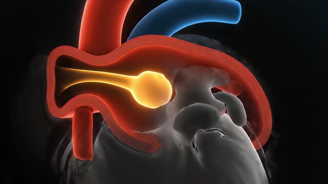 Animated CGI cross-section of human heart showing blood clot formation within a ventricle with pulsing yellow glow and red clot fragments on dark background for medical education