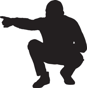 vector,silhouette of a Front view of a man squatting and pointing on white background