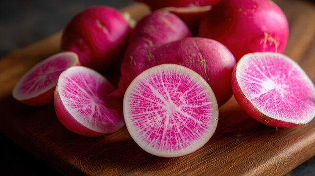 Freshly cut watermelon radishes on a wooden table with whole watermelon radishes in the background