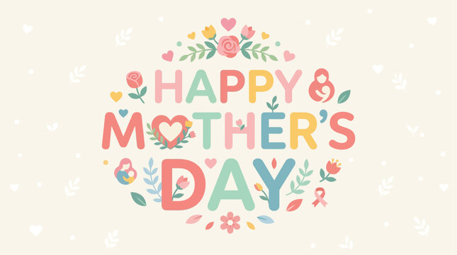 Elegant flat design typography spelling "Happy Mother's Day," adorned with subtle floral and heart accents. This clean, modern vector illustration is perfect for greetings and celebratory designs.
