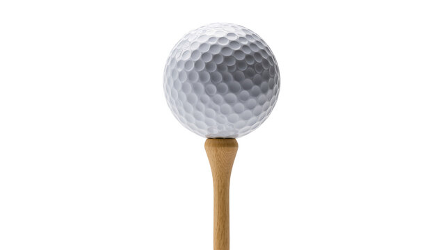 White dimpled golf ball balanced on a wooden tee, isolated on transparent background