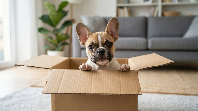 Adorable little French bulldog puppy with big ears looks out from inside an open brown cardboard box on the floor of a cozy modern living room with a grey sofa and plant.