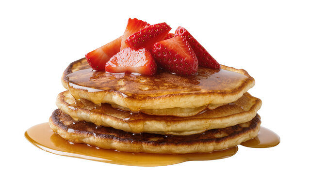 Stack of golden pancakes with fresh strawberries and maple syrup, isolated on transparent background