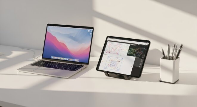 A white desk is illuminated by a beam of sunlight, casting shadows across the surface. A silver MacBook laptop is open on the left, displaying a macOS desktop with a blue sky wallpaper. 