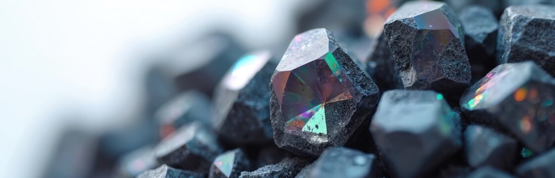 Closeup of iridescent moissanite crystals. These synthetic silicon carbide gems show rainbow colors. They are hard abrasive stones used in industry or as jewelry.