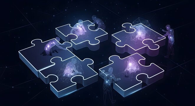 Futuristic Teamwork Connecting Puzzle Pieces in Neon Grid