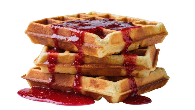 Stack of golden waffles with dripping strawberry jam, isolated on transparent background