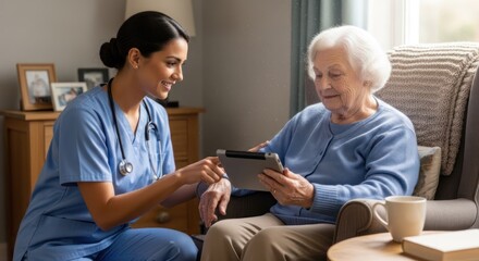 Obraz premium A young, professional nurse is patiently showing an elderly woman how to use a tablet. The nurse is kneeling beside the woman armchair, and they are both smiling. 