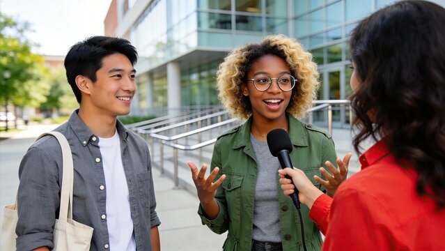 Diverse students giving interview to reporter smiling young people talking with journalist university campus news story media communication education youth lifestyle outdoor